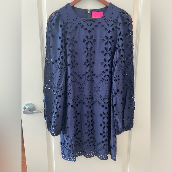 Lilly Pulitzer Women's Alyna Long Sleeve Eyelet Dress In True Navy Soiree Eyelet - Picture 3 of 16